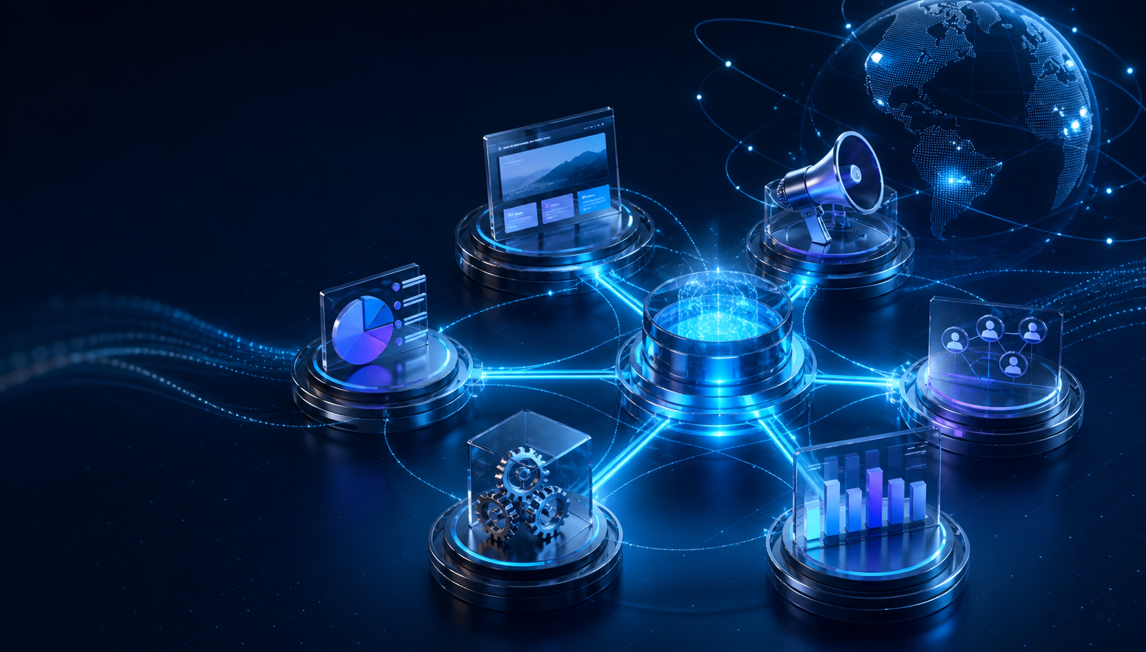 A connected digital growth ecosystem representing websites, advertising, analytics, CRM and automation